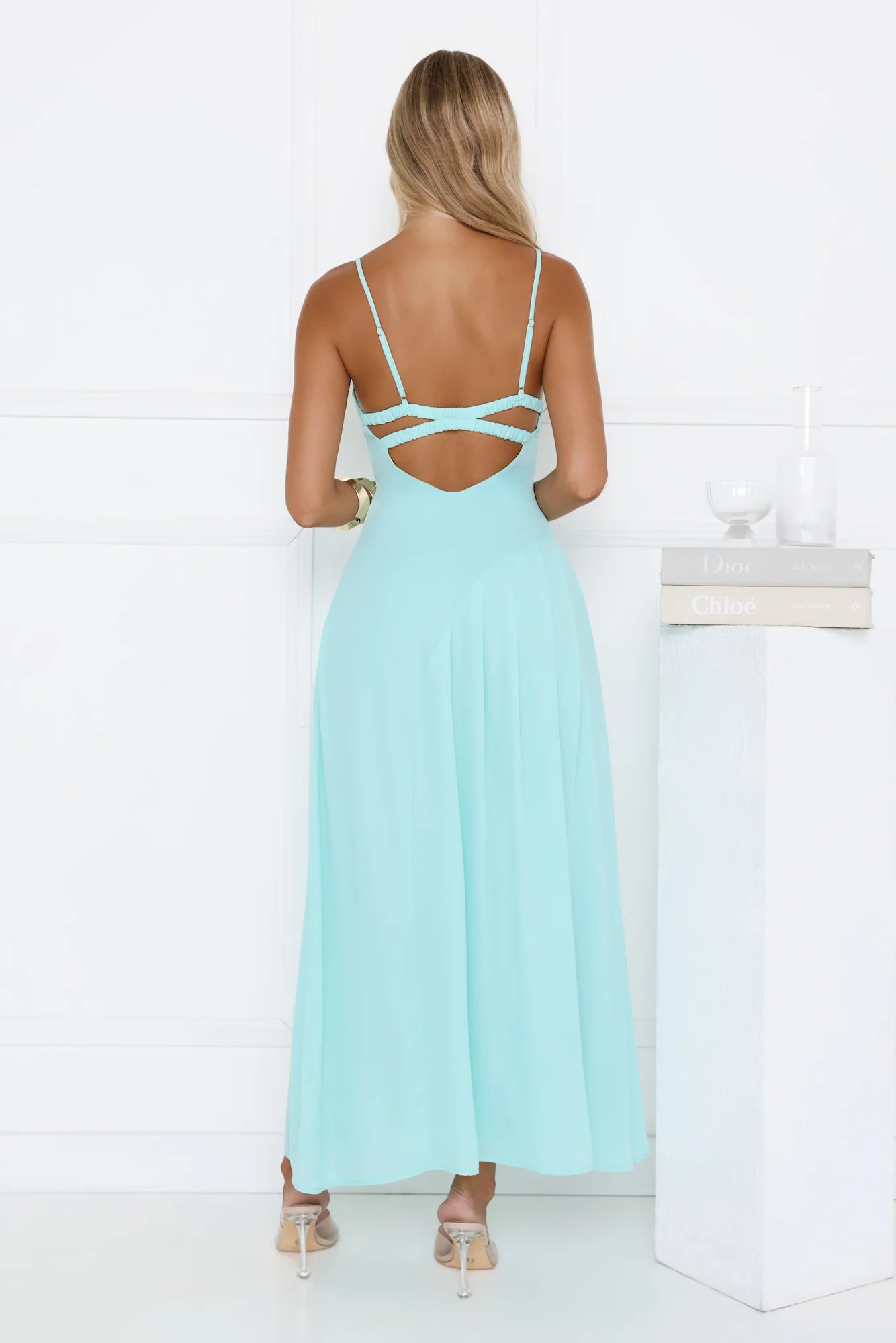 Flowy A-Line Plunging-Neck Spaghetti-Strap Backless Floor-Length Evening Dress