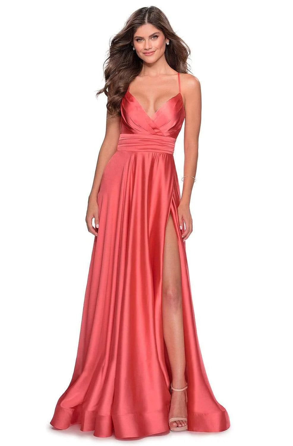 Flowy A-Line V-Neck Spaghetti Strap Lace-Up Back High Slit Floor Length Evening Dress