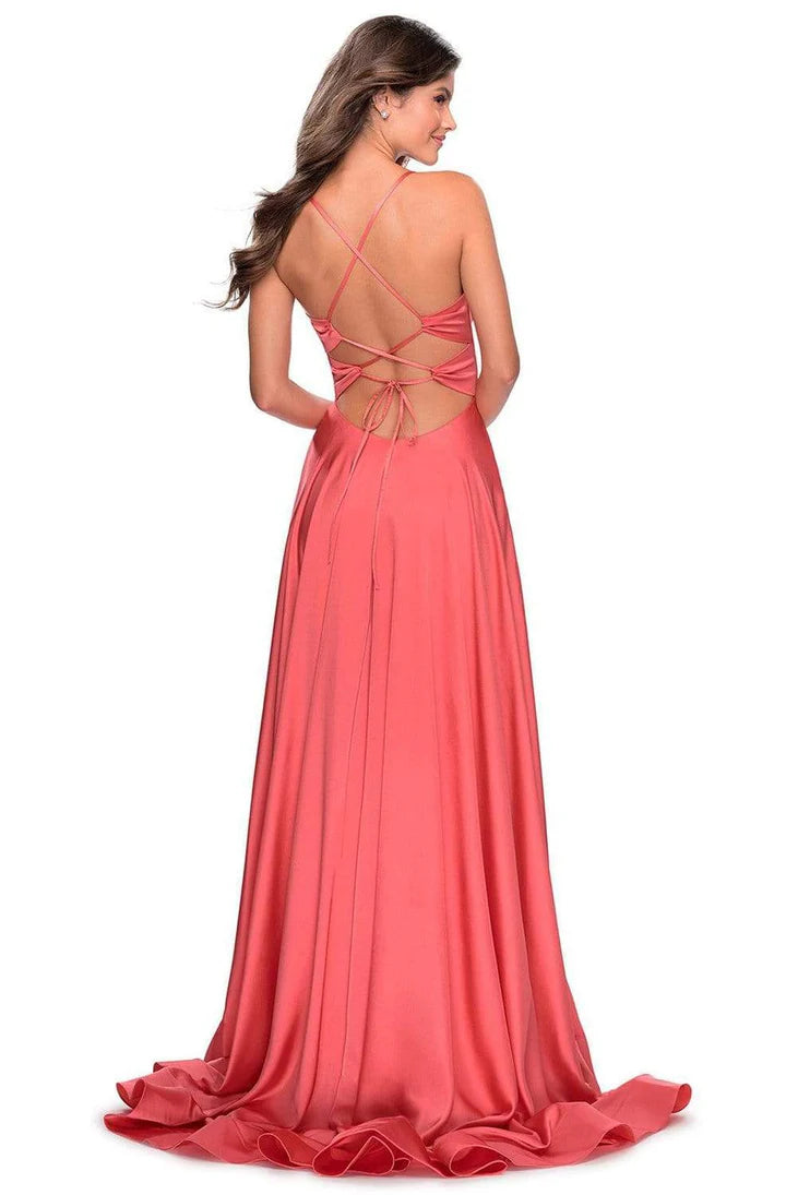 Flowy A-Line V-Neck Spaghetti Strap Lace-Up Back High Slit Floor Length Evening Dress
