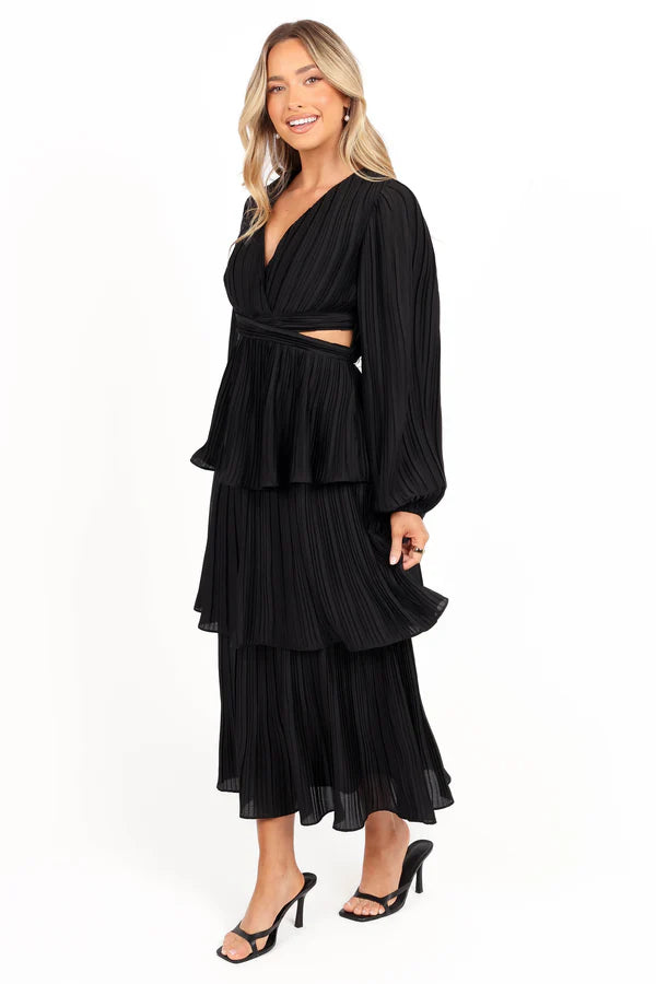 Flowy A-Line V Neck Long Sleeve Lace Up Back Tiered Midi Evening Dress