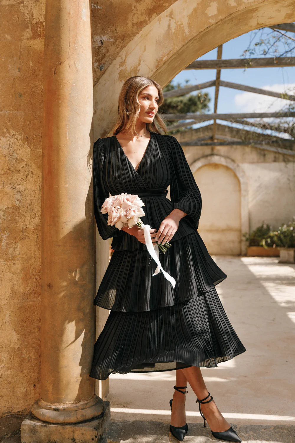 Flowy A-Line V Neck Long Sleeve Lace Up Back Tiered Midi Evening Dress