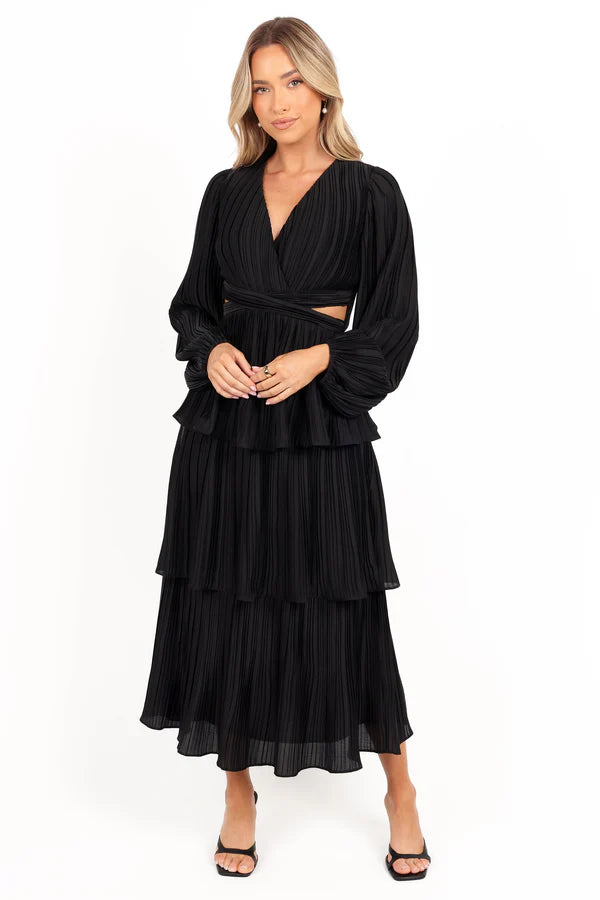 Flowy A-Line V Neck Long Sleeve Lace Up Back Tiered Midi Evening Dress