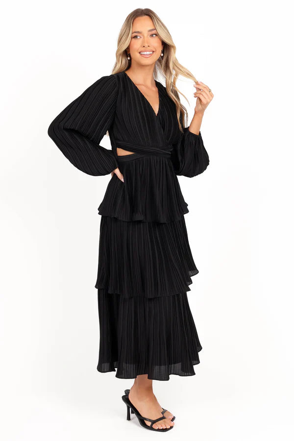 Flowy A-Line V Neck Long Sleeve Lace Up Back Tiered Midi Evening Dress