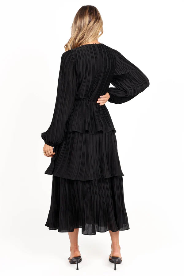 Flowy A-Line V Neck Long Sleeve Lace Up Back Tiered Midi Evening Dress