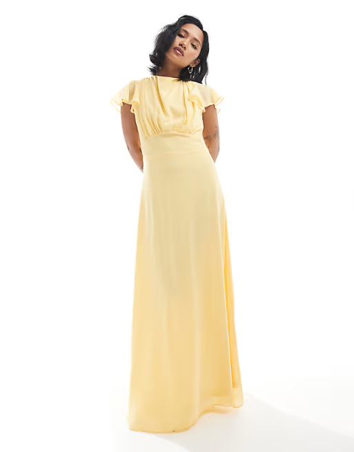 Flowy A-line High Neck Ruffle Cap Sleeve Cowl Back Floor Length Bridesmaid Dress