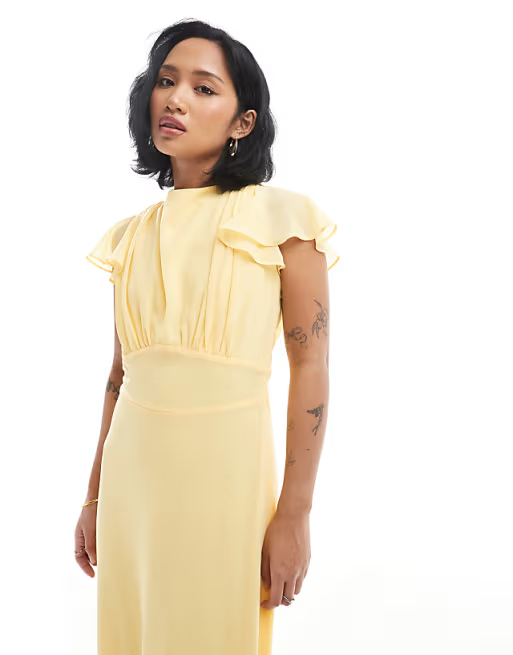 Flowy A-line High Neck Ruffle Cap Sleeve Cowl Back Floor Length Bridesmaid Dress