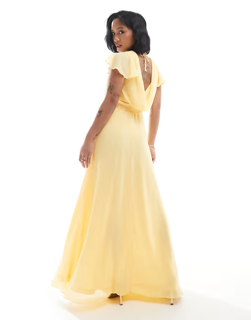 Flowy A-line High Neck Ruffle Cap Sleeve Cowl Back Floor Length Bridesmaid Dress