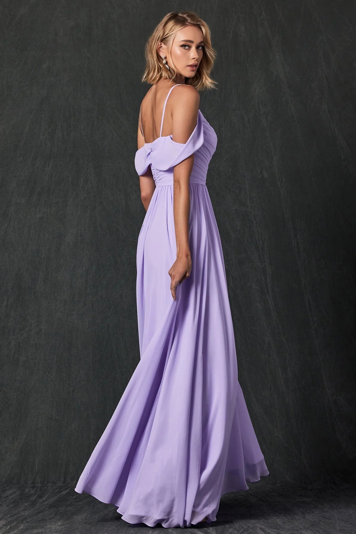 Flowy ALine V-Neck Cold Shoulder Spaghetti Straps Open Back Floor Length Chiffon Prom Dress