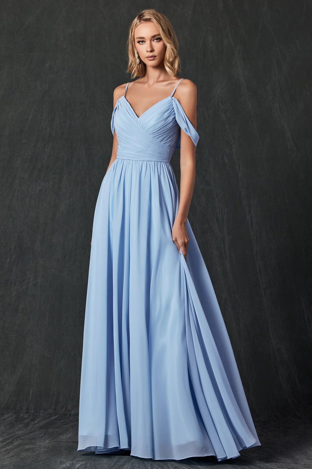 Flowy ALine V-Neck Cold Shoulder Spaghetti Straps Open Back Floor Length Chiffon Prom Dress
