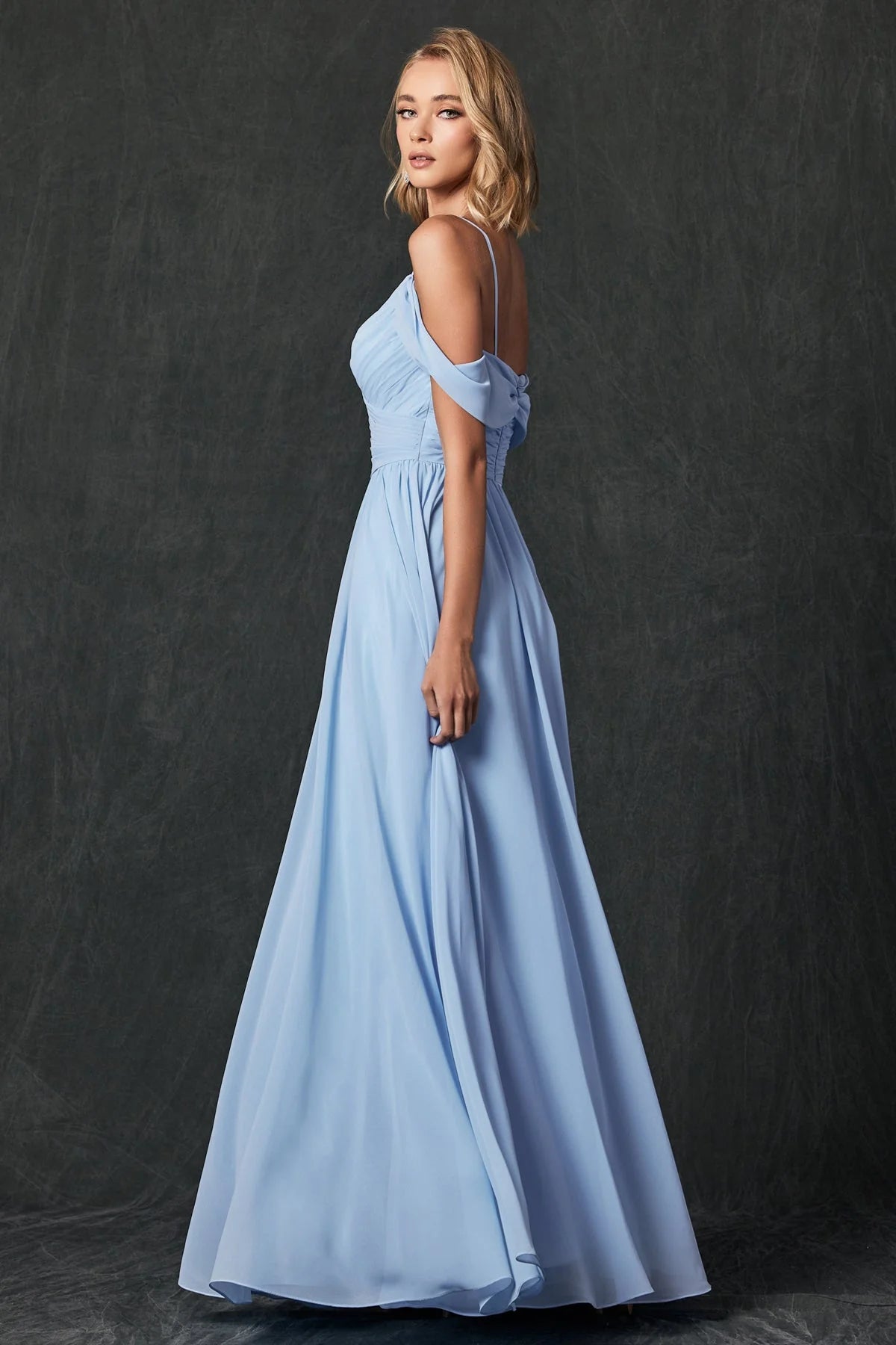 Flowy ALine V-Neck Cold Shoulder Spaghetti Straps Open Back Floor Length Chiffon Prom Dress