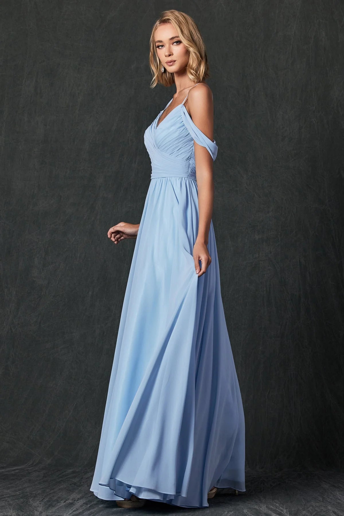 Flowy ALine V-Neck Cold Shoulder Spaghetti Straps Open Back Floor Length Chiffon Prom Dress