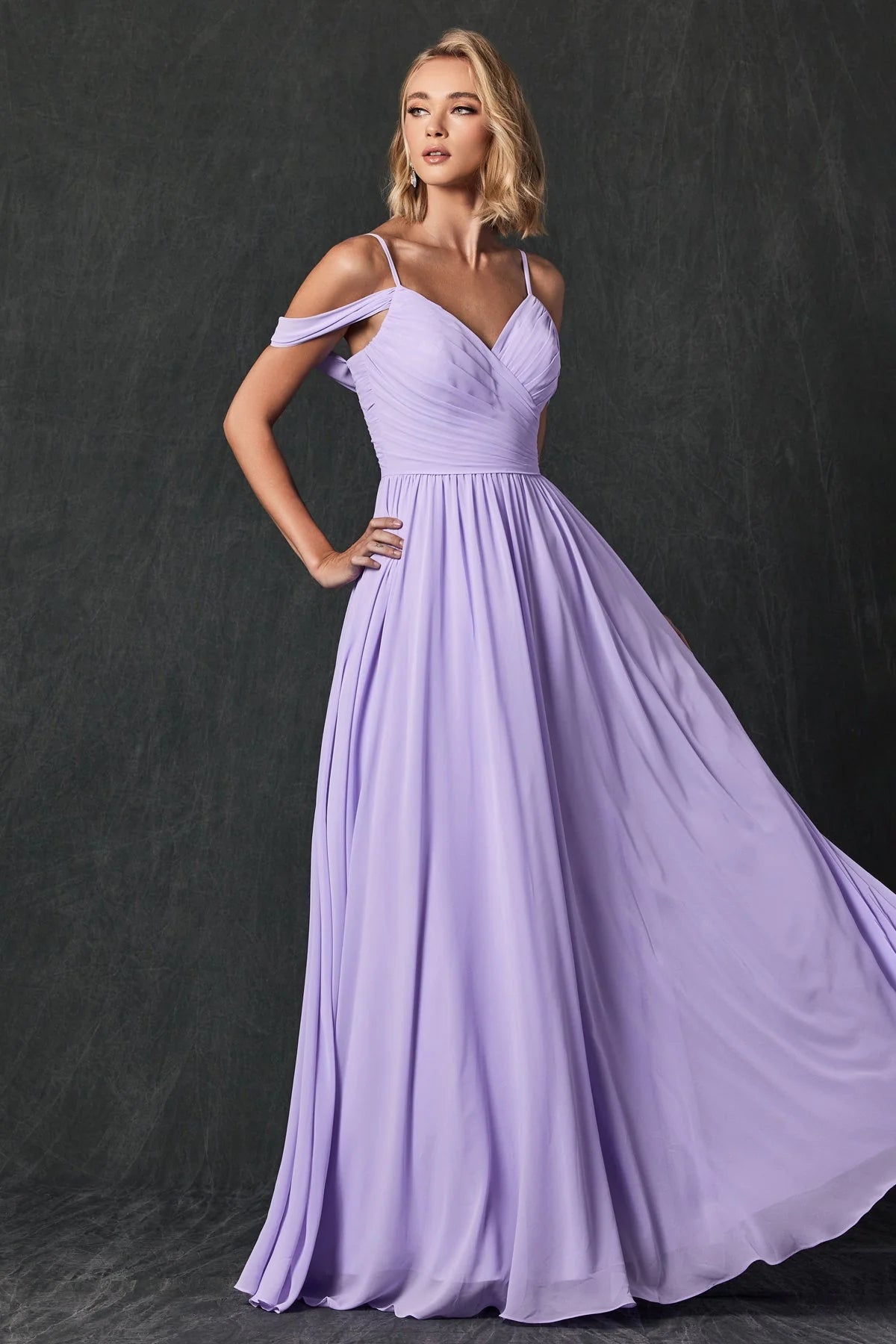 Flowy ALine V-Neck Cold Shoulder Spaghetti Straps Open Back Floor Length Chiffon Prom Dress
