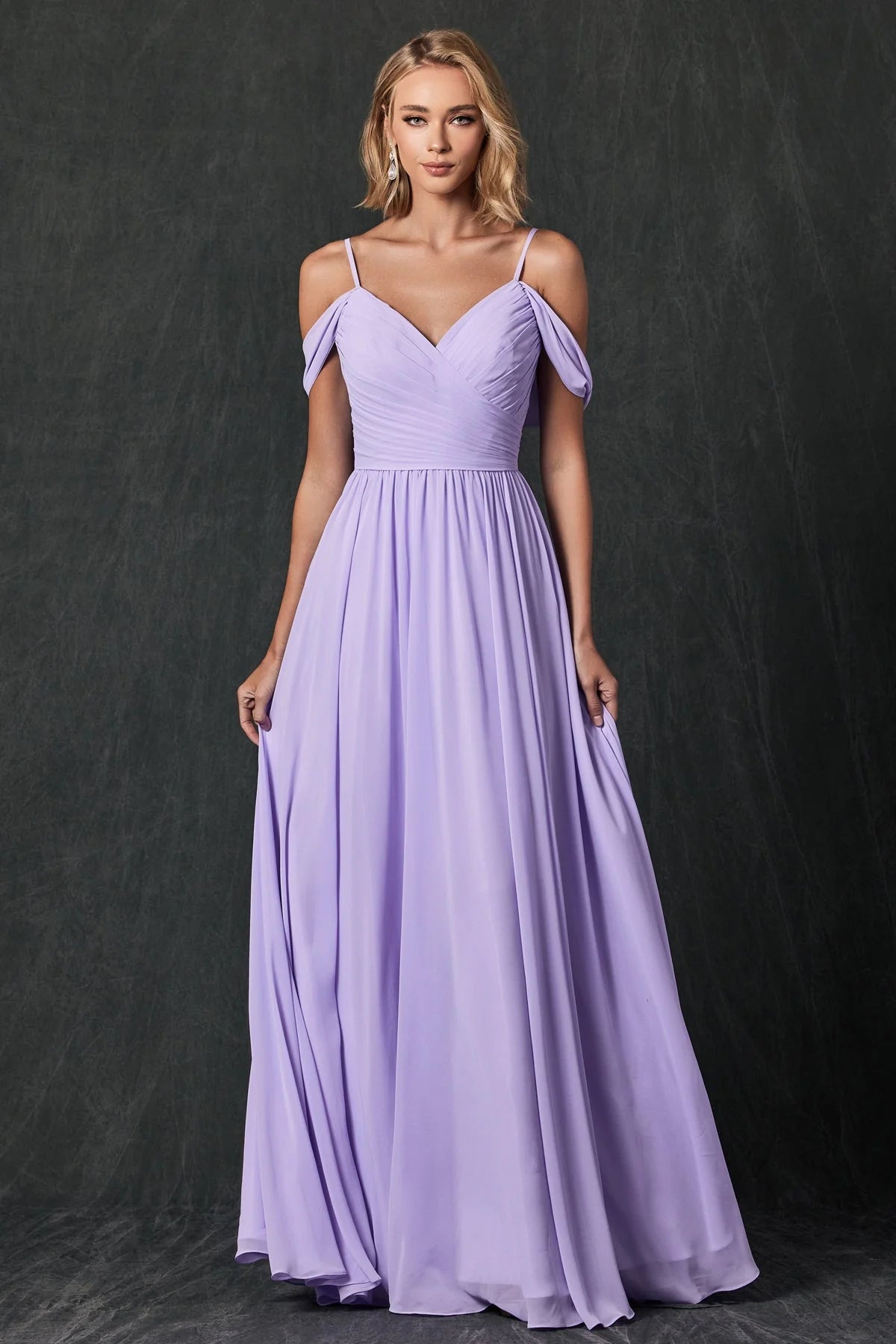 Flowy ALine V-Neck Cold Shoulder Spaghetti Straps Open Back Floor Length Chiffon Prom Dress