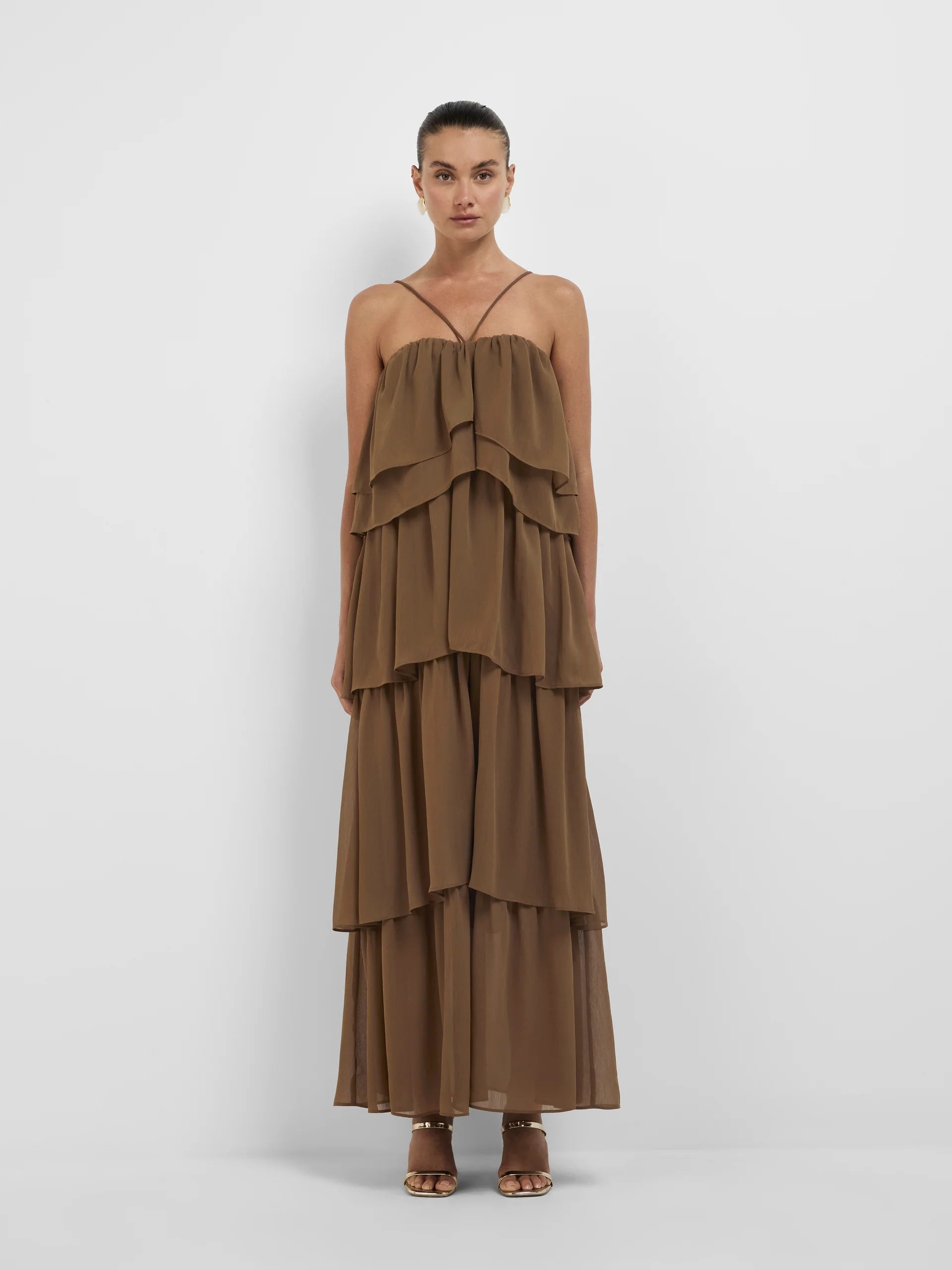 Flowy Brown Chiffon A Line Spaghetti Straps Tiered Backless Floor Length Evening Dress