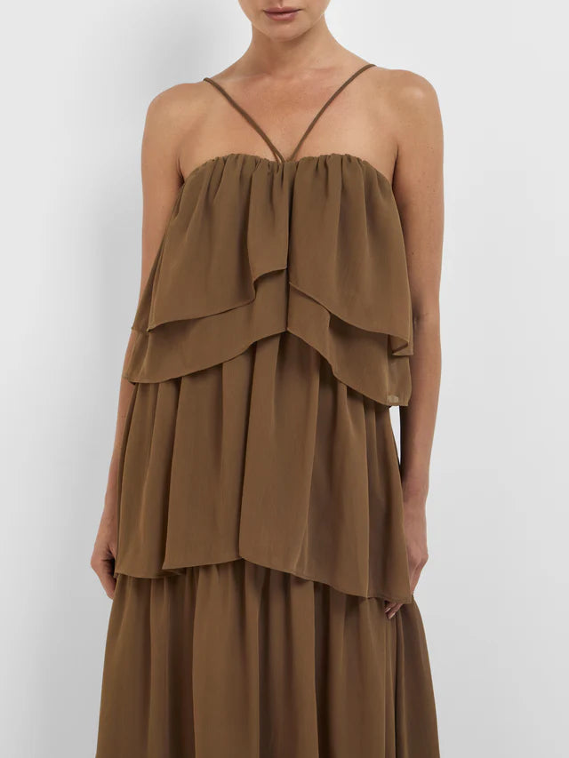 Flowy Brown Chiffon A Line Spaghetti Straps Tiered Backless Floor Length Evening Dress