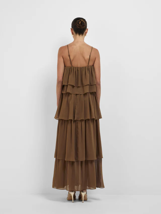 Flowy Brown Chiffon A Line Spaghetti Straps Tiered Backless Floor Length Evening Dress
