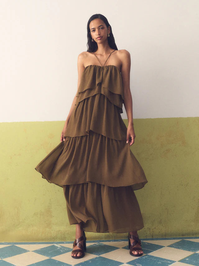 Flowy Brown Chiffon A Line Spaghetti Straps Tiered Backless Floor Length Evening Dress
