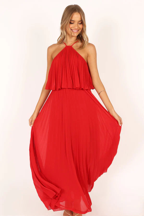 Flowy Chiffon A Line Halter Neck Layered Racerback Tie Detail Maxi Evening Dress