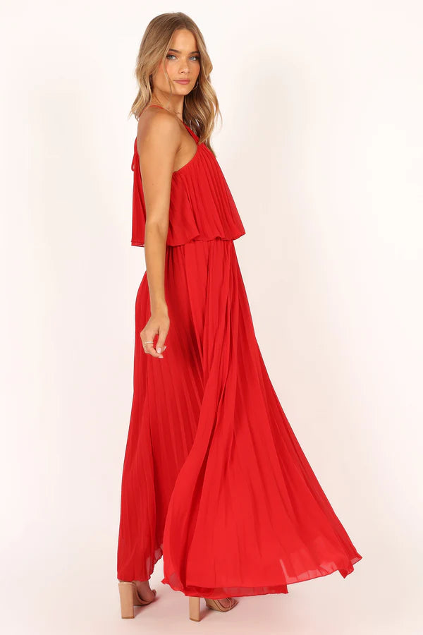Flowy Chiffon A Line Halter Neck Layered Racerback Tie Detail Maxi Evening Dress