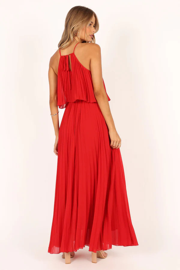 Flowy Chiffon A Line Halter Neck Layered Racerback Tie Detail Maxi Evening Dress