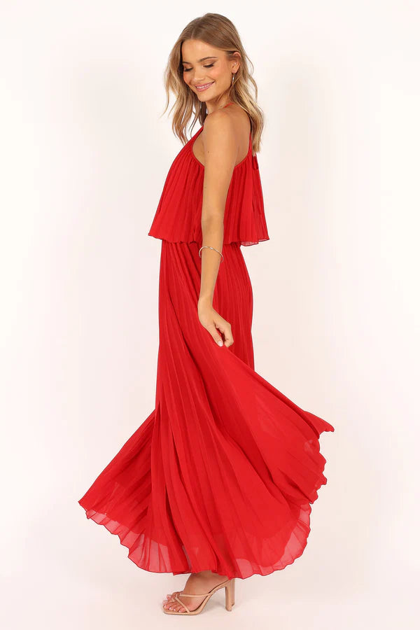 Flowy Chiffon A Line Halter Neck Layered Racerback Tie Detail Maxi Evening Dress