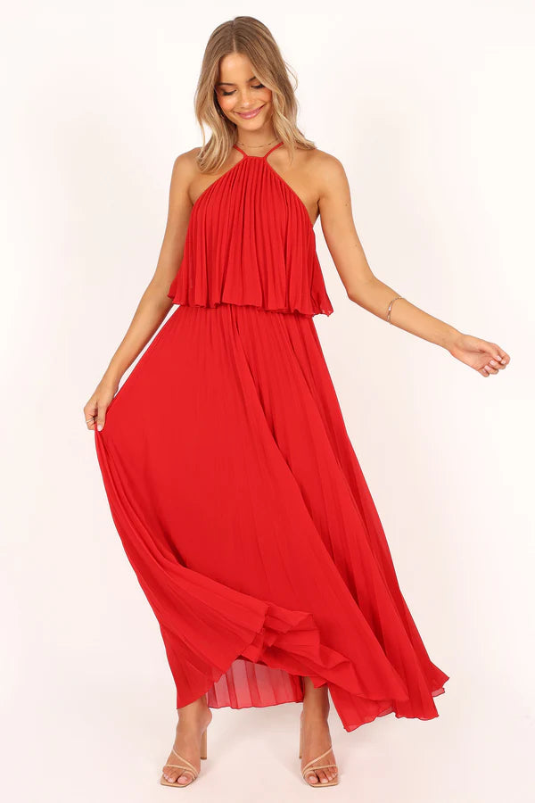 Flowy Chiffon A Line Halter Neck Layered Racerback Tie Detail Maxi Evening Dress