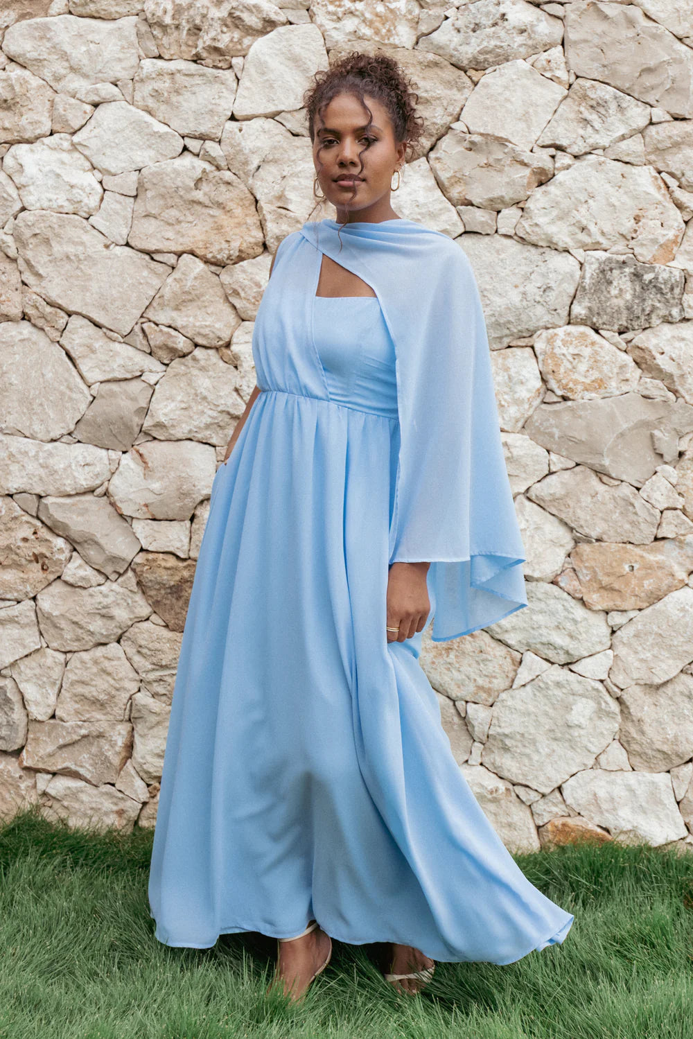 Flowy Chiffon A Line One Shoulder Capelet Strap Cutout Back Maxi Evening Dress