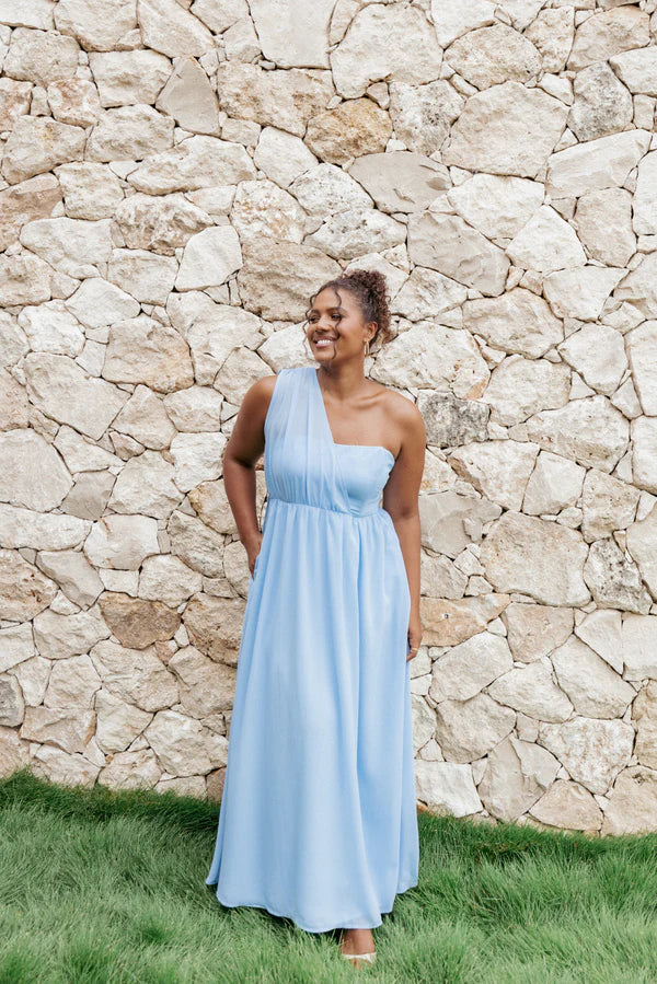 Flowy Chiffon A Line One Shoulder Capelet Strap Cutout Back Maxi Evening Dress