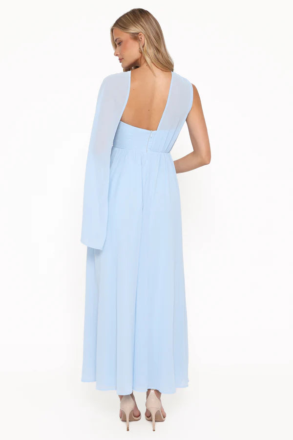 Flowy Chiffon A Line One Shoulder Capelet Strap Cutout Back Maxi Evening Dress