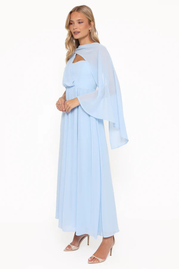 Flowy Chiffon A Line One Shoulder Capelet Strap Cutout Back Maxi Evening Dress