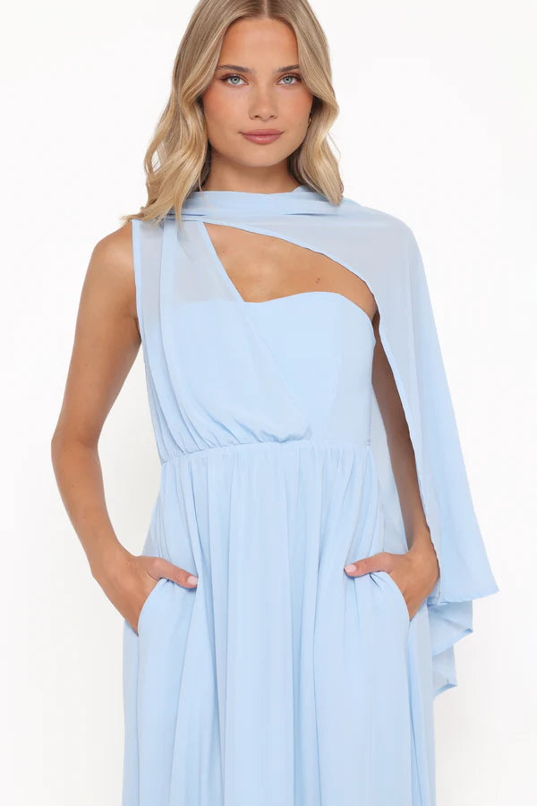 Flowy Chiffon A Line One Shoulder Capelet Strap Cutout Back Maxi Evening Dress