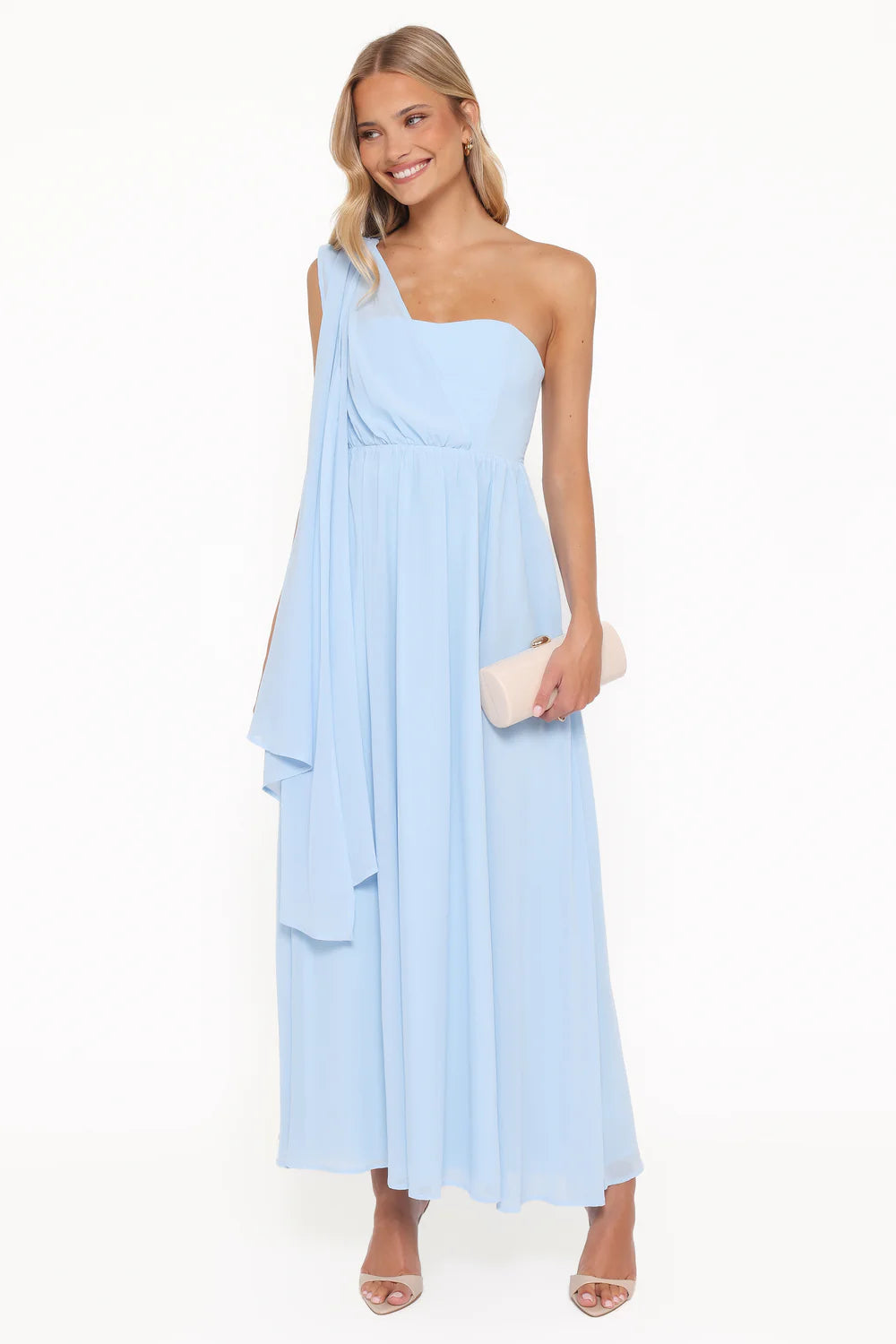 Flowy Chiffon A Line One Shoulder Capelet Strap Cutout Back Maxi Evening Dress