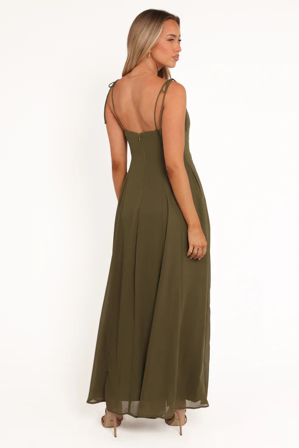 Flowy Chiffon A Line Spaghetti Strap Sweetheart Neckline Open Back Maxi Evening Dress