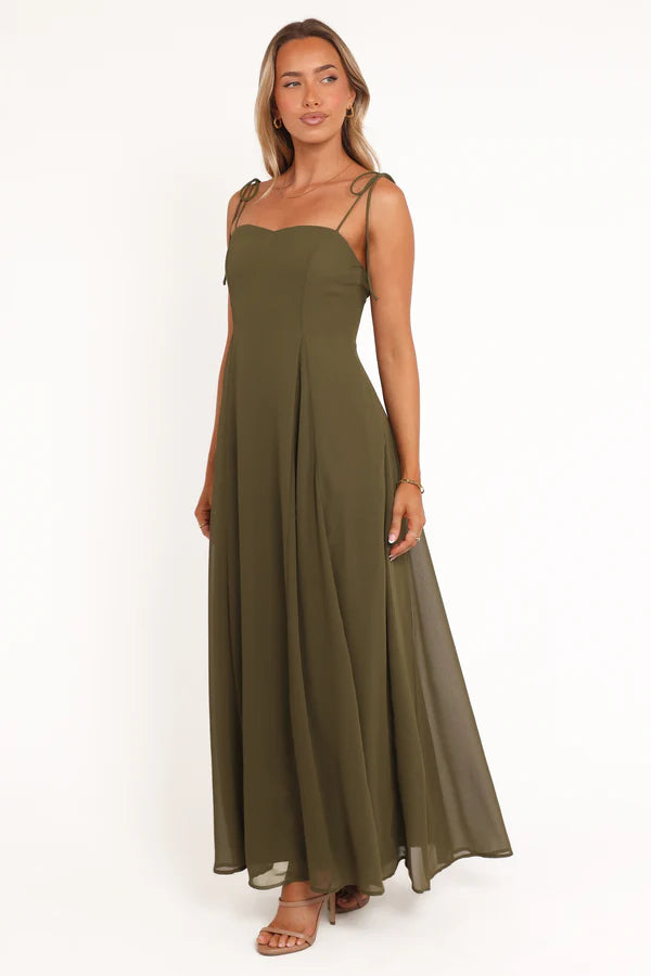 Flowy Chiffon A Line Spaghetti Strap Sweetheart Neckline Open Back Maxi Evening Dress