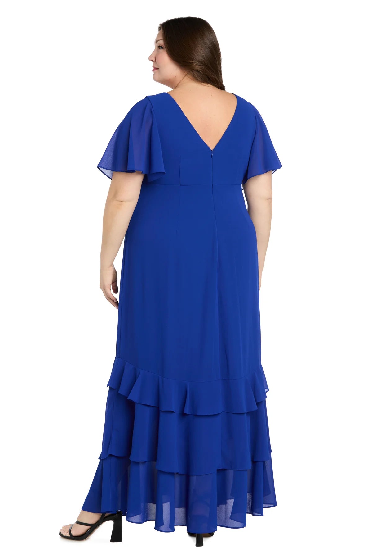 Flowy Chiffon A-Line V-Neck Flutter Sleeves V-Back Tiered Floor Length Evening Dress