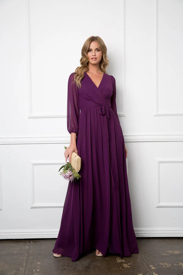 Flowy Chiffon ALine VNeck Long Sleeve High Slit Floor Length Mother of the Bride Dress