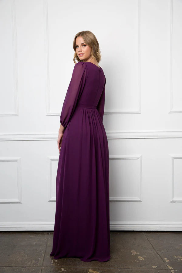 Flowy Chiffon ALine VNeck Long Sleeve High Slit Floor Length Mother of the Bride Dress