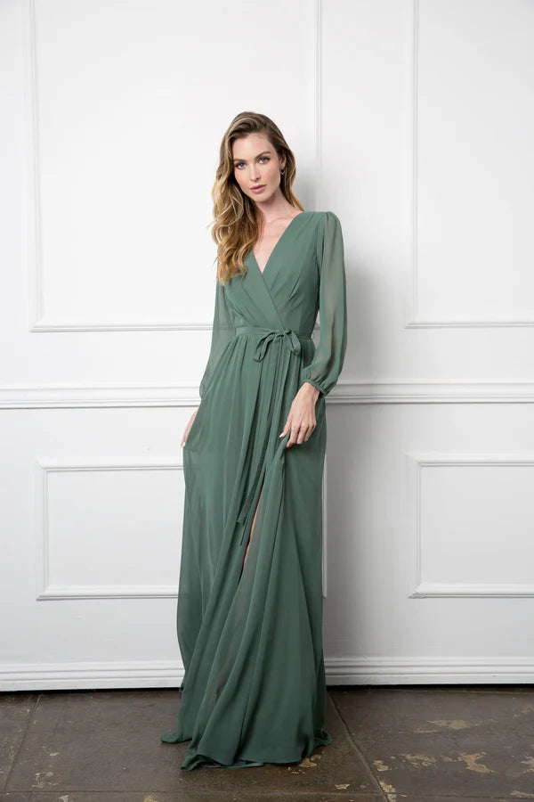 Flowy Chiffon ALine VNeck Long Sleeve High Slit Floor Length Mother of the Bride Dress