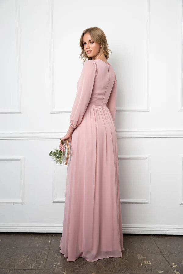 Flowy Chiffon ALine VNeck Long Sleeve High Slit Floor Length Mother of the Bride Dress