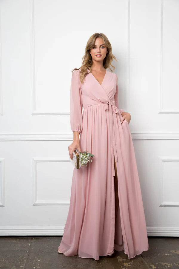 Flowy Chiffon ALine VNeck Long Sleeve High Slit Floor Length Mother of the Bride Dress