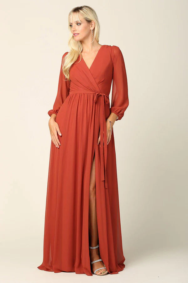 Flowy Chiffon ALine VNeck Long Sleeve High Slit Floor Length Mother of the Bride Dress