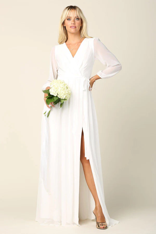 Flowy Chiffon ALine VNeck Long Sleeve High Slit Floor Length Mother of the Bride Dress