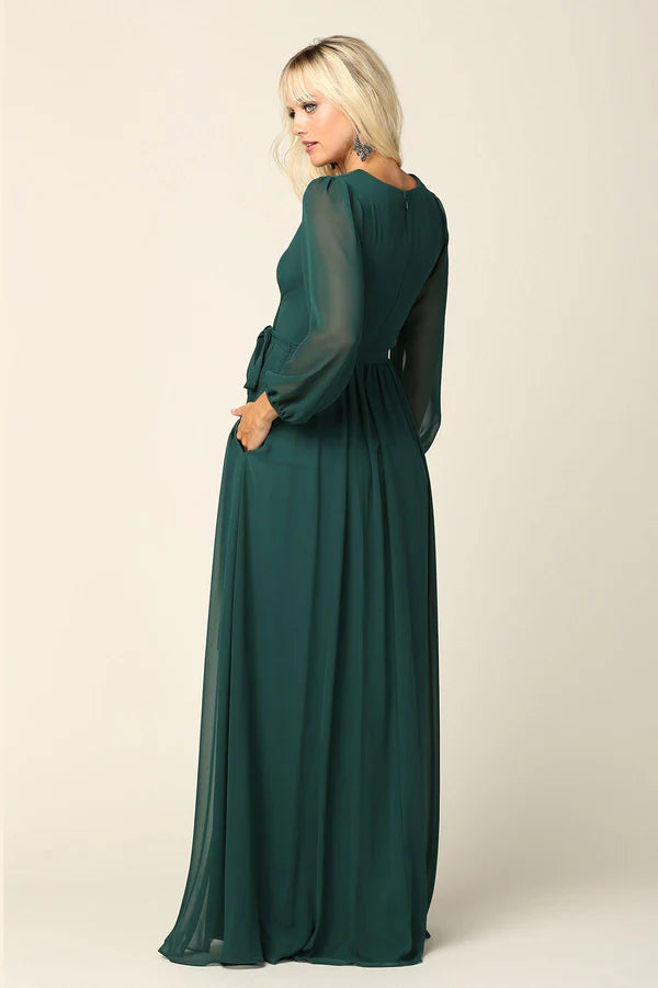 Flowy Chiffon ALine VNeck Long Sleeve High Slit Floor Length Mother of the Bride Dress