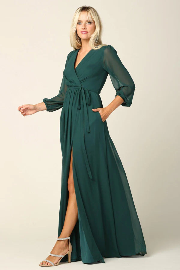 Flowy Chiffon ALine VNeck Long Sleeve High Slit Floor Length Mother of the Bride Dress