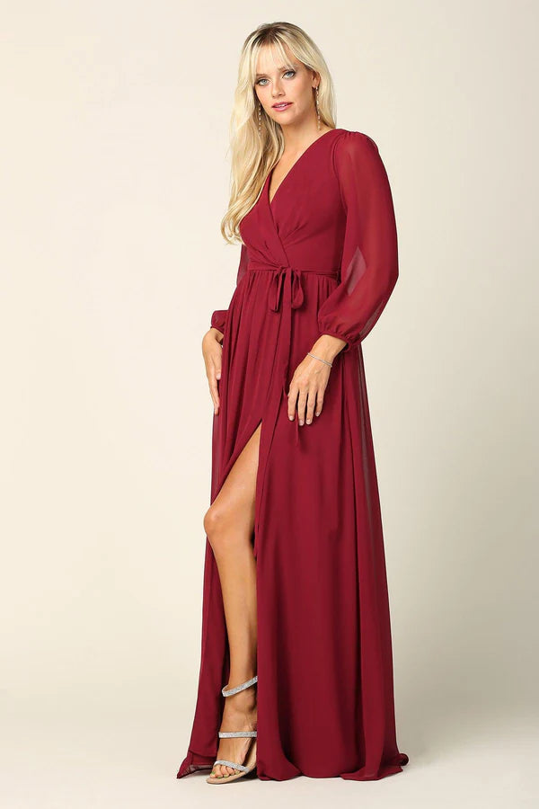 Flowy Chiffon ALine VNeck Long Sleeve High Slit Floor Length Mother of the Bride Dress