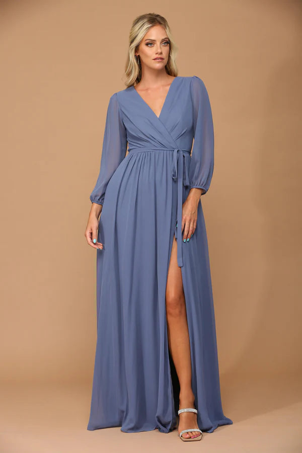 Flowy Chiffon ALine VNeck Long Sleeve High Slit Floor Length Mother of the Bride Dress