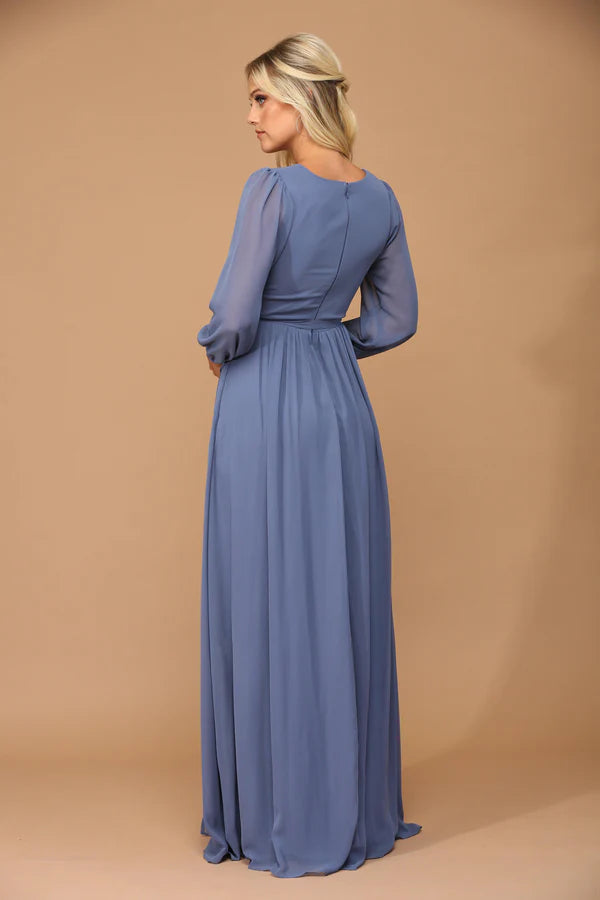 Flowy Chiffon ALine VNeck Long Sleeve High Slit Floor Length Mother of the Bride Dress