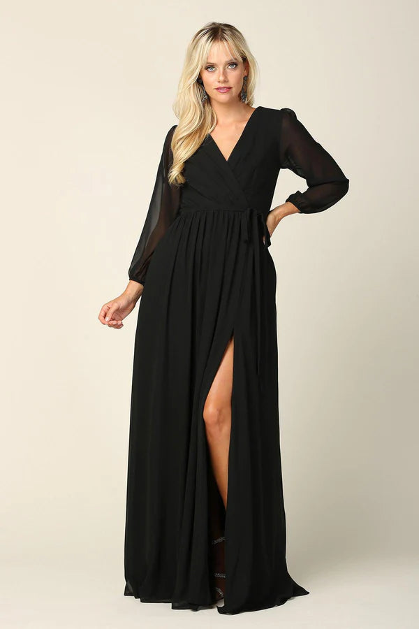 Flowy Chiffon ALine VNeck Long Sleeve High Slit Floor Length Mother of the Bride Dress