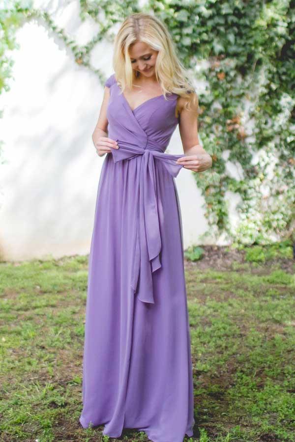 Flowy Chiffon Cap Sleeve Surplice V-Neck Tie Waist Floor Length Bridesmaid Dress