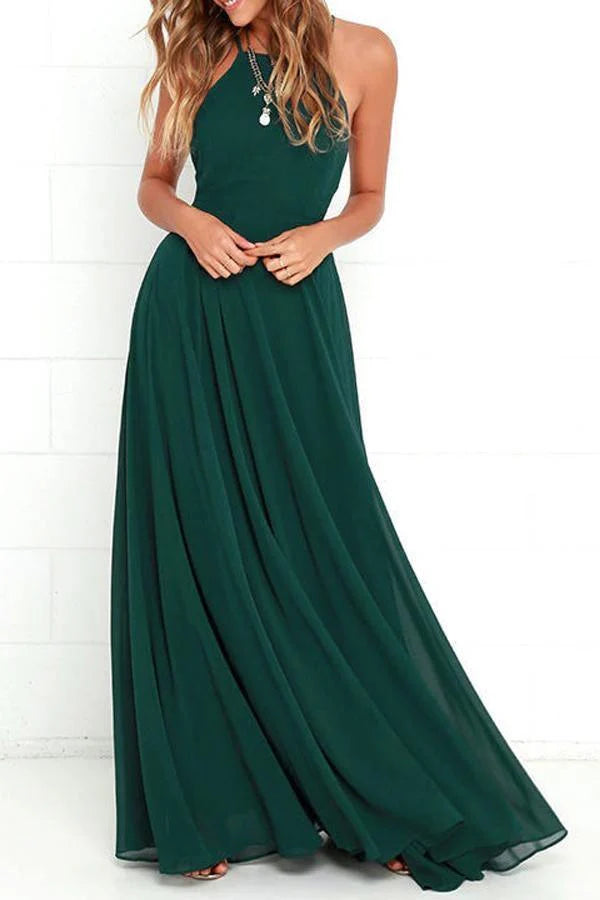 Flowy Chiffon Halter Cross Back Floor Length Long Bridesmaid Dress
